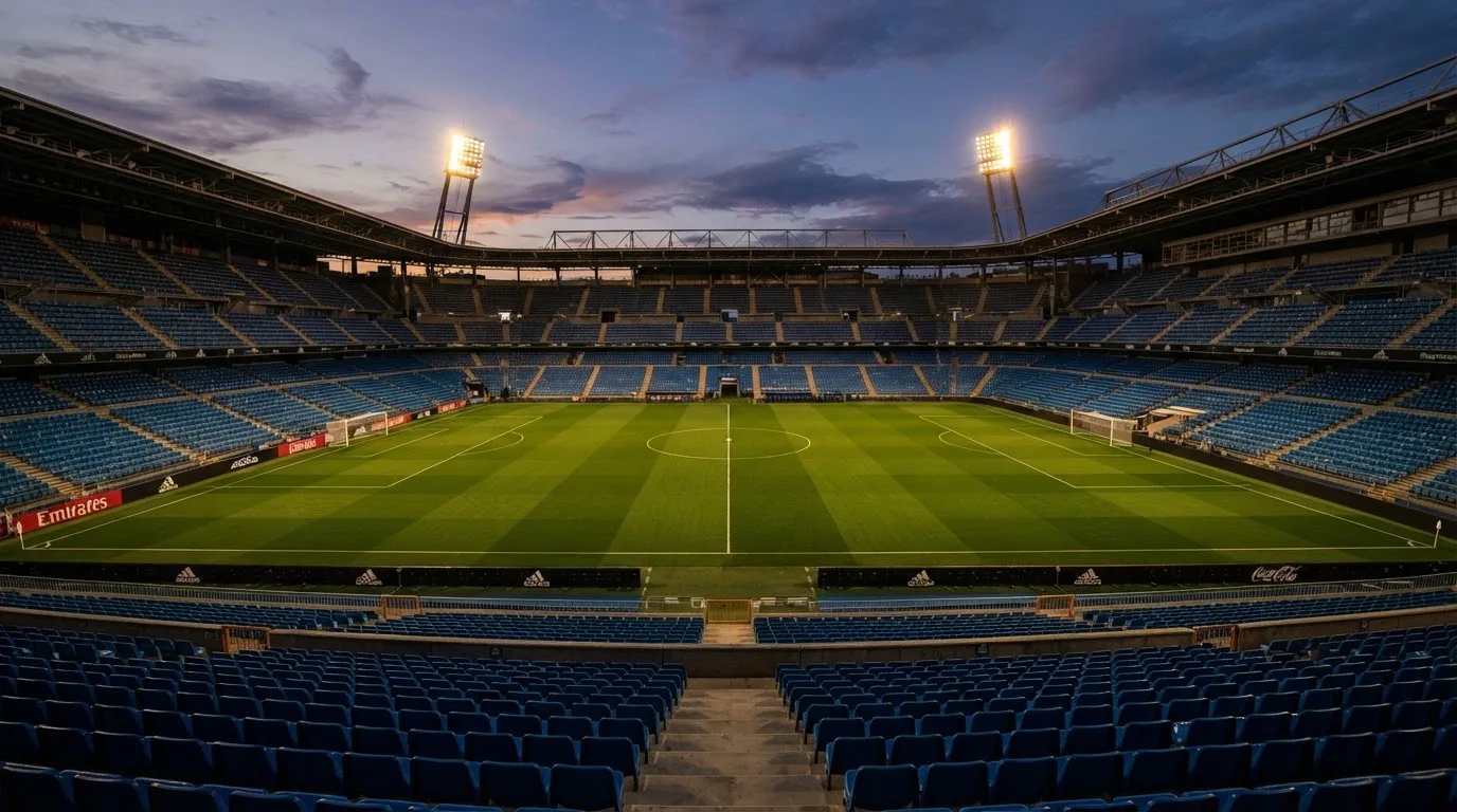 An empty football stadium with floodlight masts at dusk