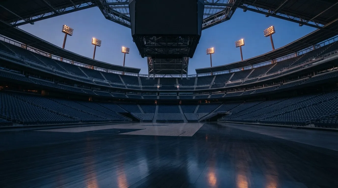 An empty football stadium with floodlight masts at dusk