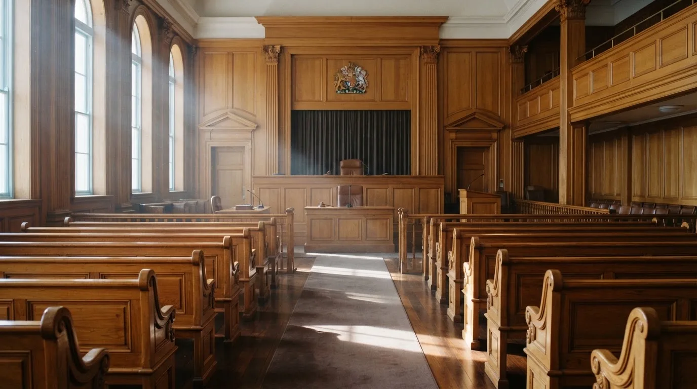 An empty courtroom with wooden benches in morning light