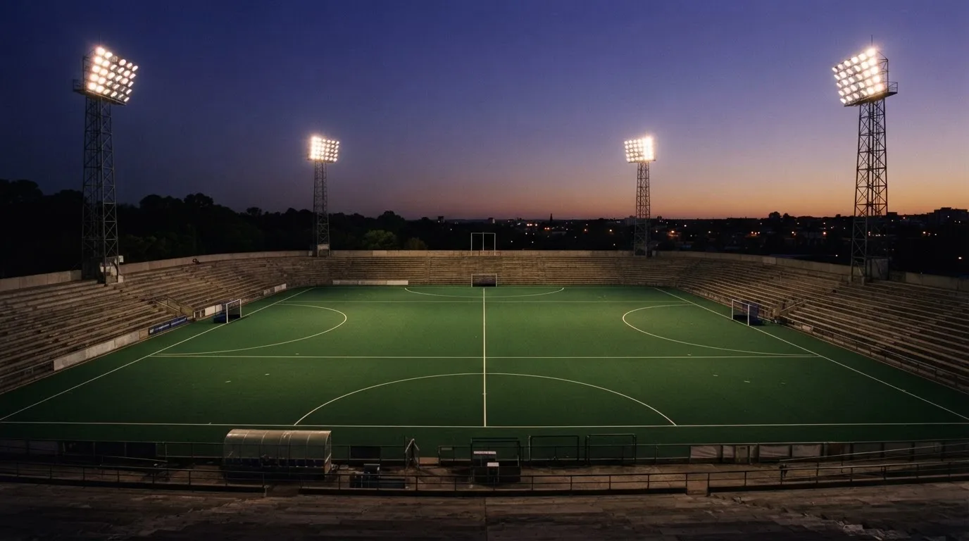 An empty football stadium with floodlight masts at dusk