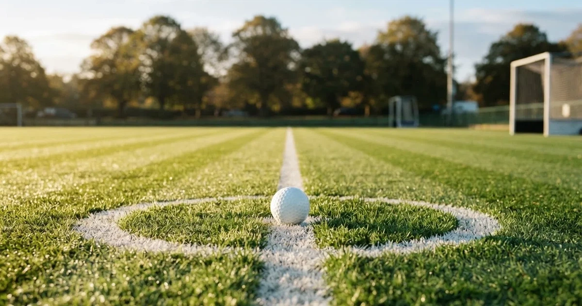A ball on the centre spot of a grass pitch in morning light