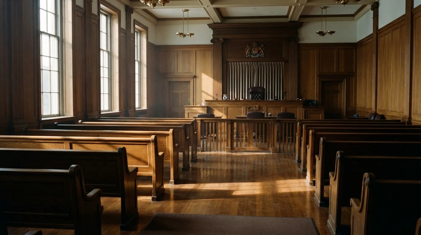 An empty courtroom with wooden benches in morning light
