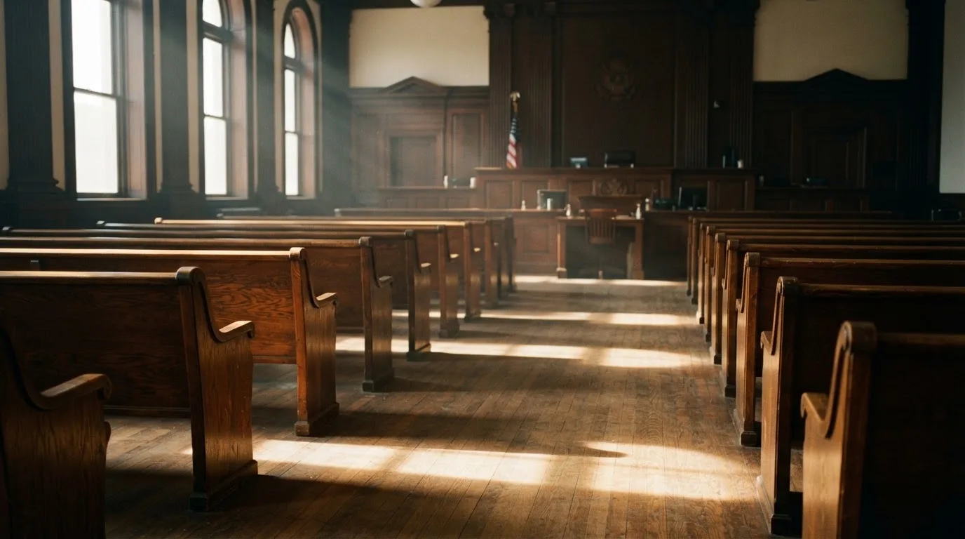 An empty courtroom with wooden benches in morning light