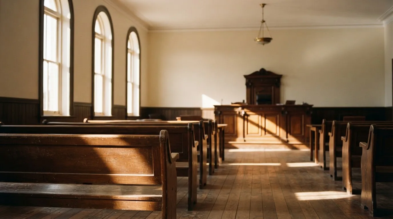 An empty courtroom with wooden benches in morning light