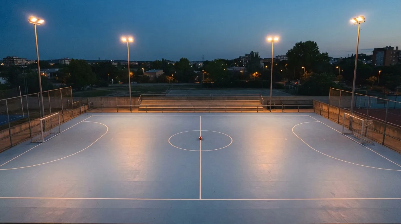 An empty football stadium with floodlight masts at dusk