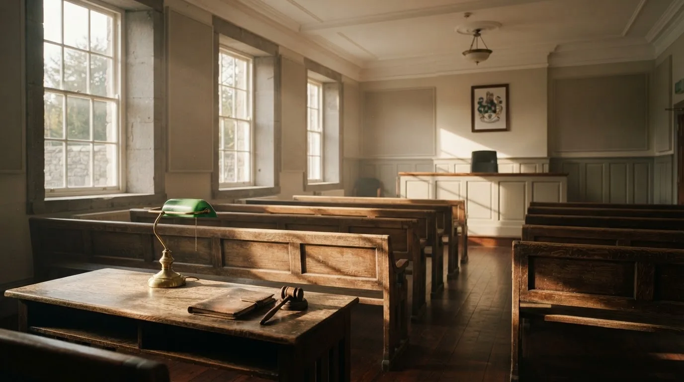 An empty courtroom with wooden benches in morning light