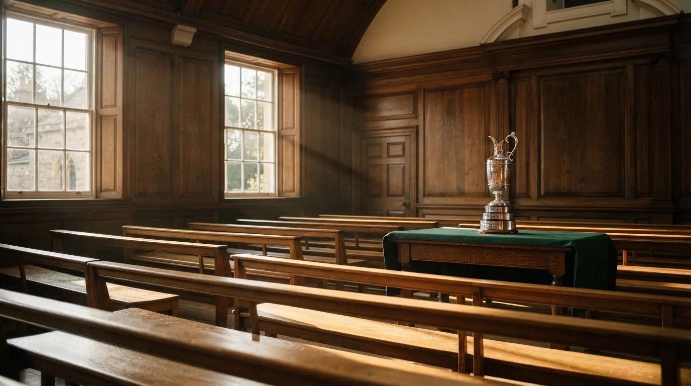 An empty courtroom with wooden benches in morning light