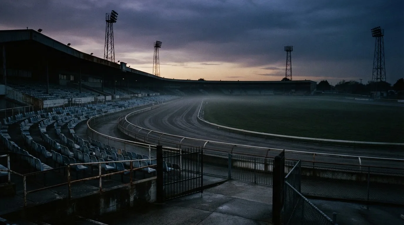 An empty football stadium with floodlight masts at dusk