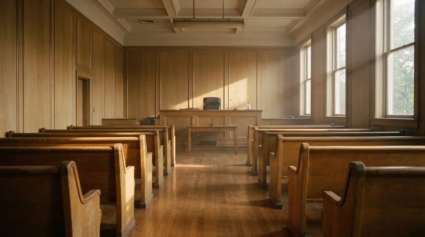 An empty courtroom with wooden benches in morning light