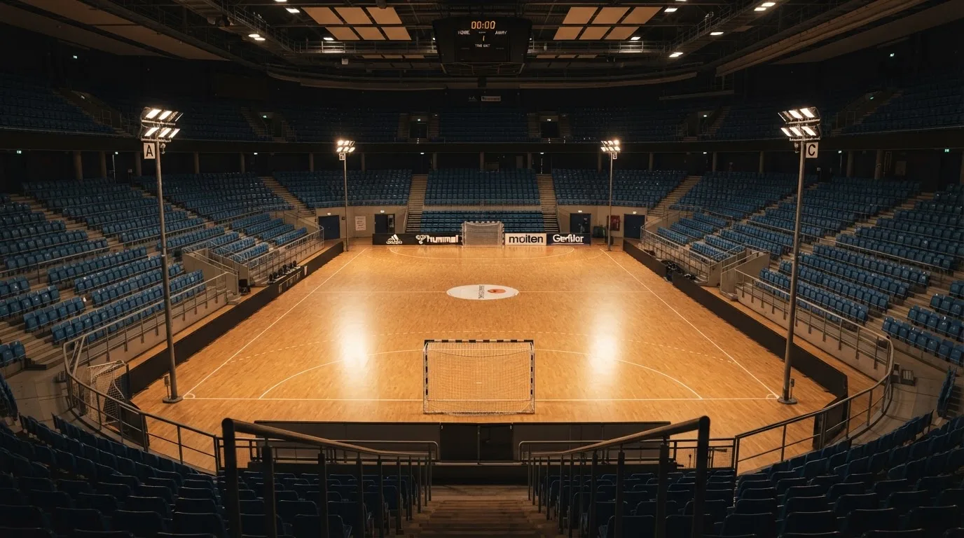 An empty football stadium with floodlight masts at dusk