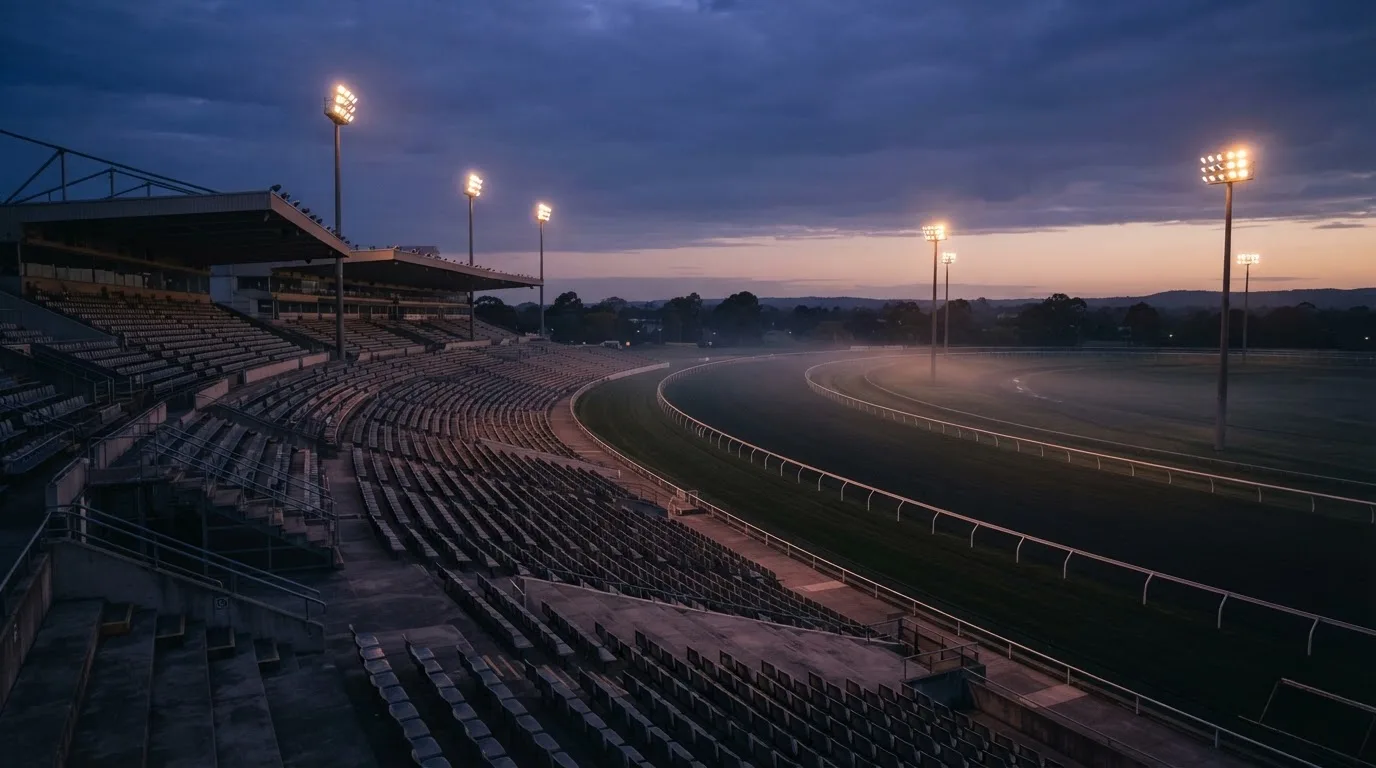 An empty football stadium with floodlight masts at dusk