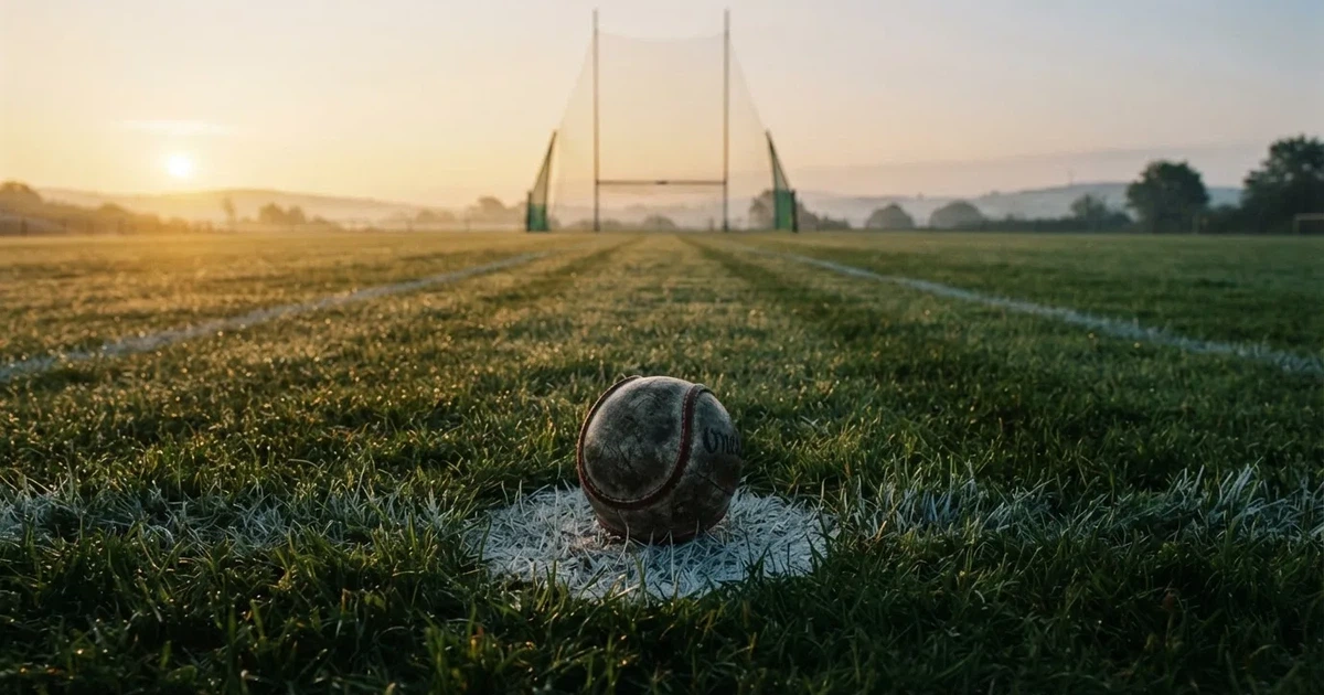 A ball on the centre spot of a grass pitch in morning light