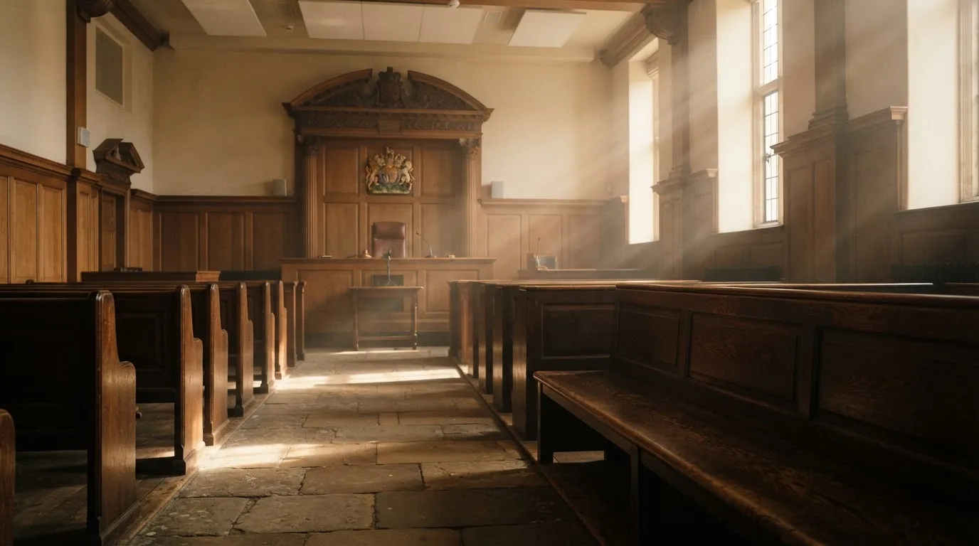 An empty courtroom with wooden benches in morning light