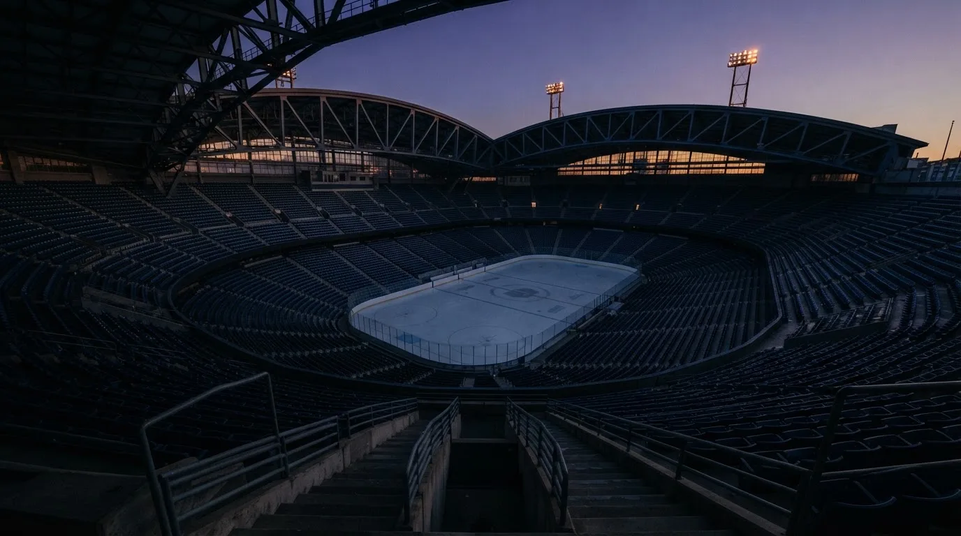 An empty football stadium with floodlight masts at dusk
