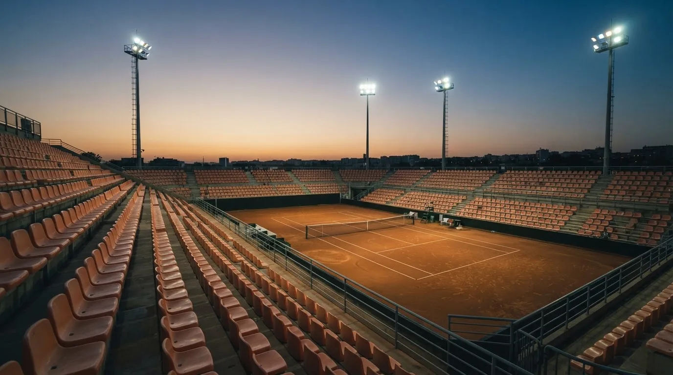 An empty football stadium with floodlight masts at dusk
