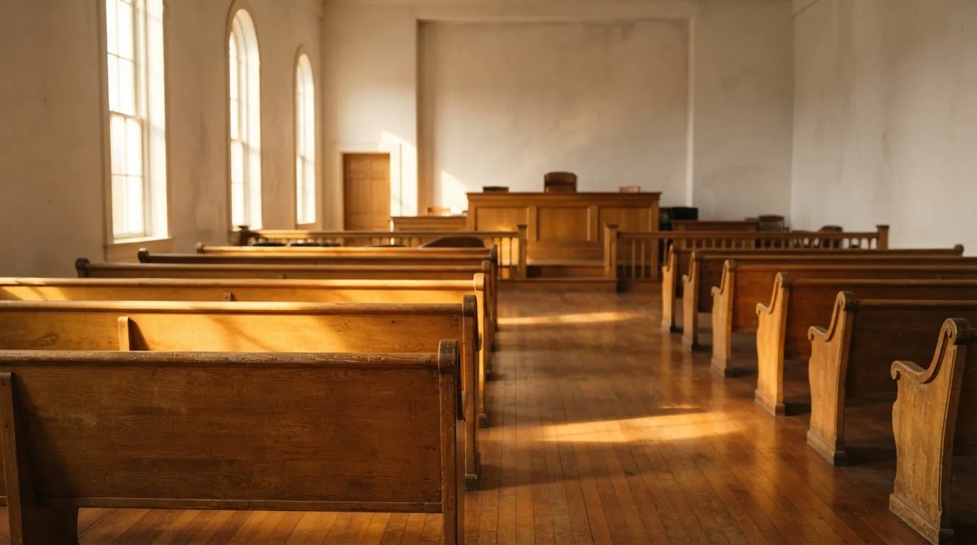 An empty courtroom with wooden benches in morning light