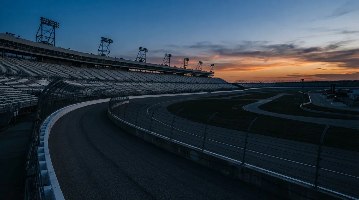 An empty football stadium with floodlight masts at dusk