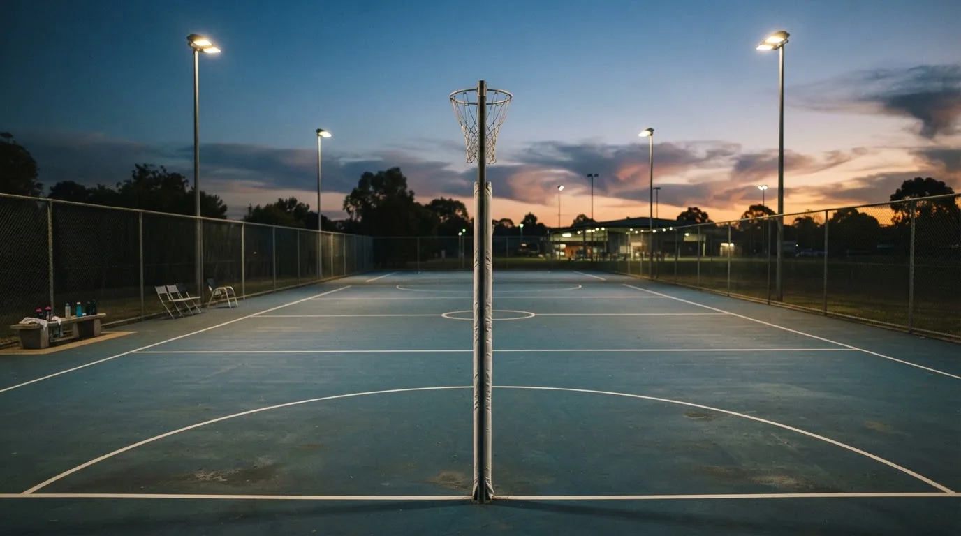 An empty football stadium with floodlight masts at dusk