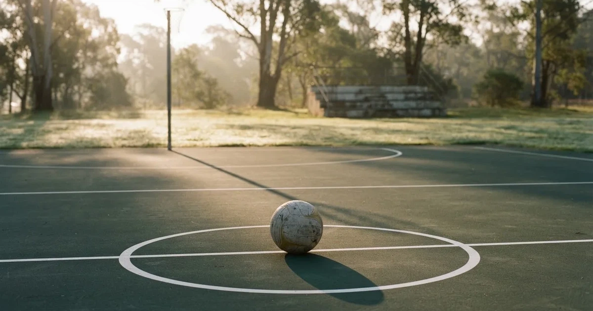 A ball on the centre spot of a grass pitch in morning light