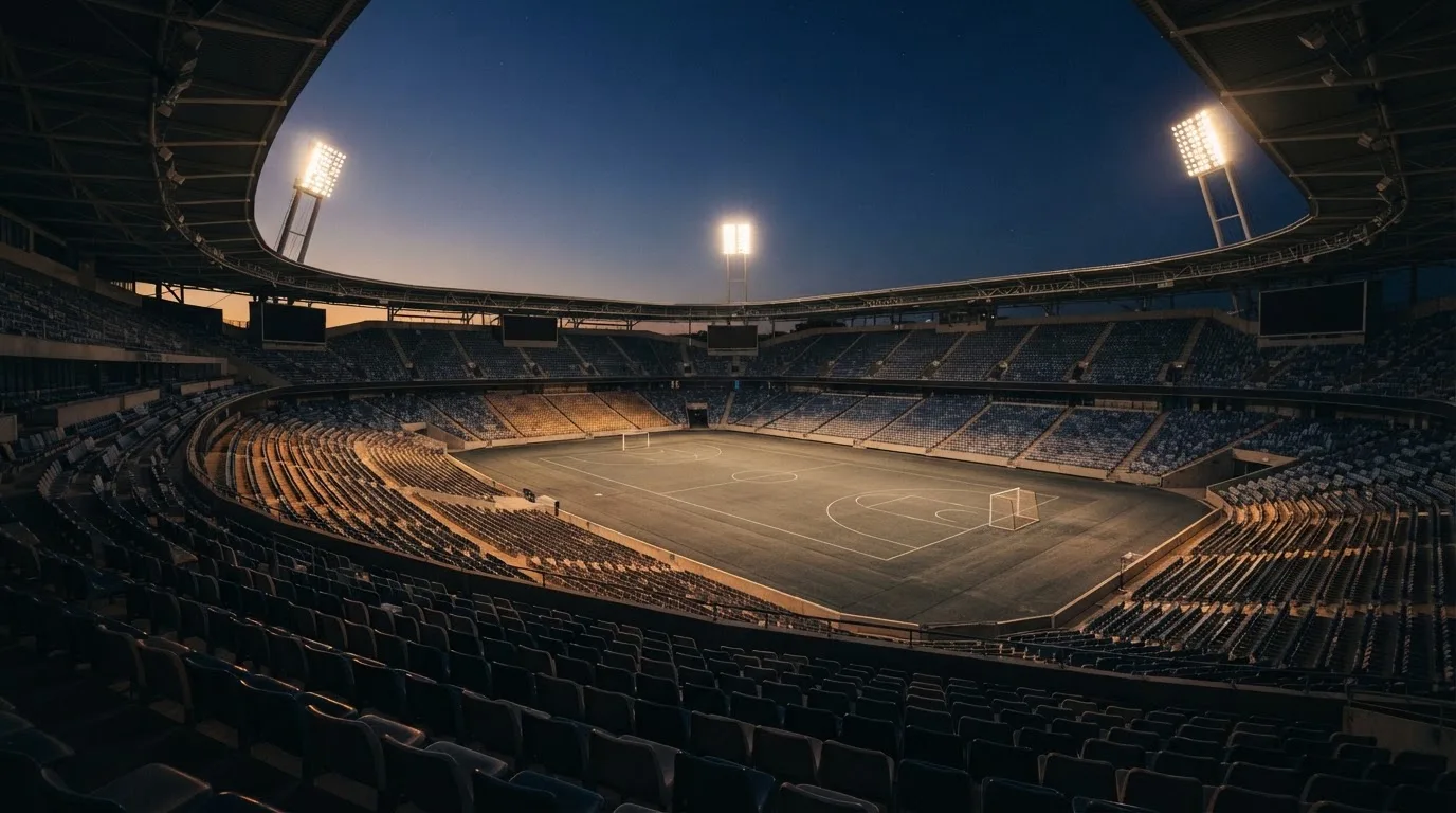 An empty football stadium with floodlight masts at dusk