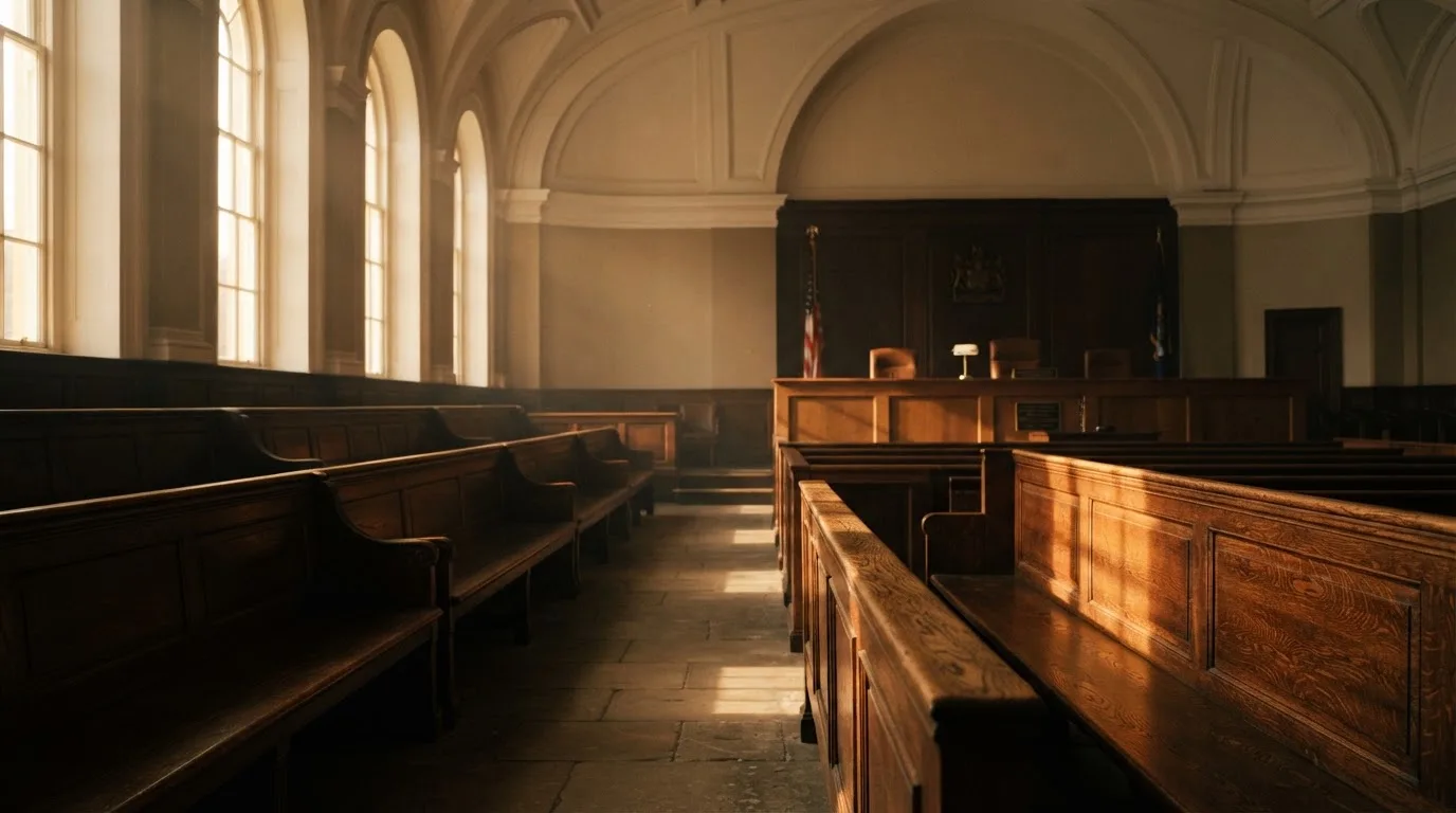An empty courtroom with wooden benches in morning light