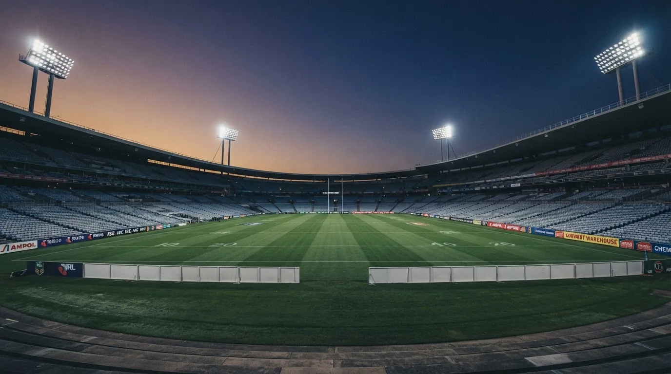 An empty football stadium with floodlight masts at dusk