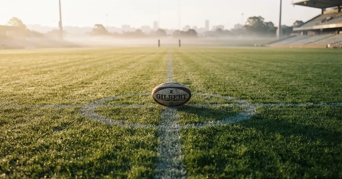 A ball on the centre spot of a grass pitch in morning light