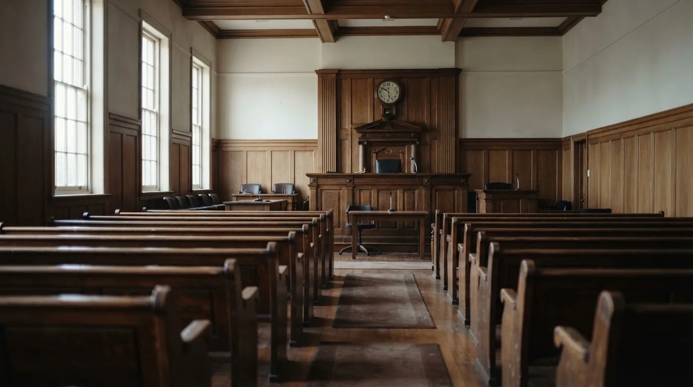 An empty courtroom with wooden benches in morning light