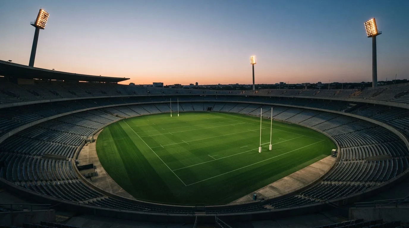 An empty football stadium with floodlight masts at dusk