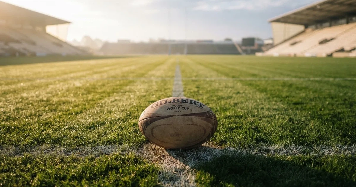 A ball on the centre spot of a grass pitch in morning light