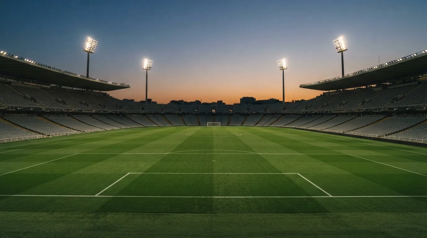 An empty football stadium with floodlight masts at dusk