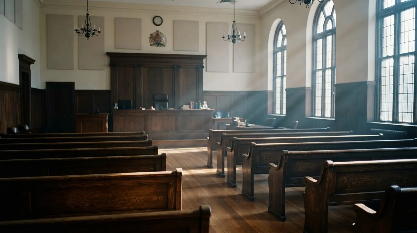An empty courtroom with wooden benches in morning light