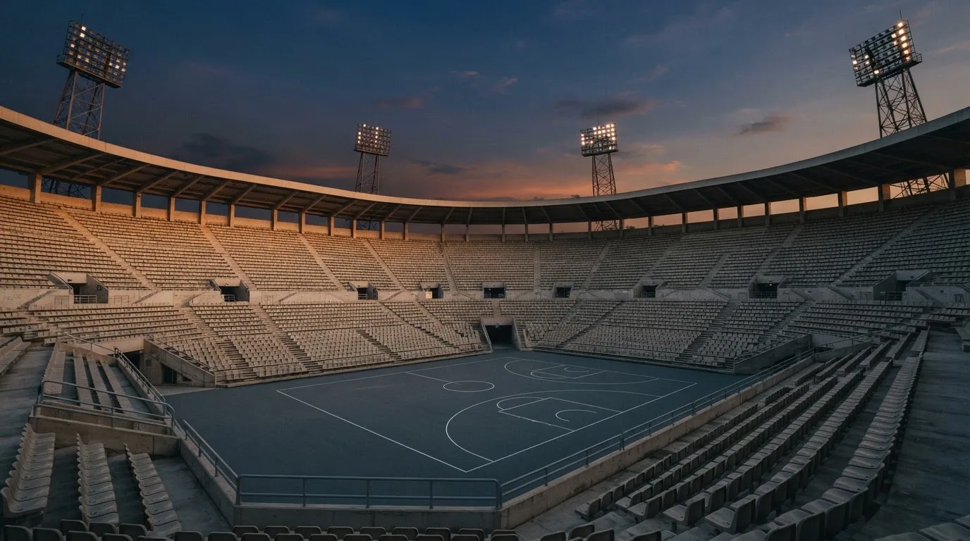 An empty football stadium with floodlight masts at dusk