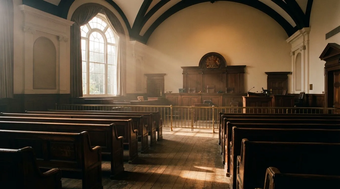 An empty courtroom with wooden benches in morning light