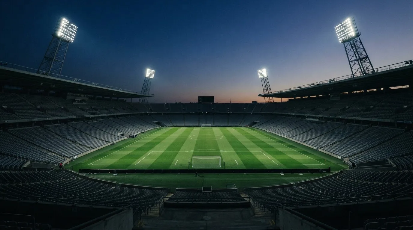 An empty football stadium with floodlight masts at dusk