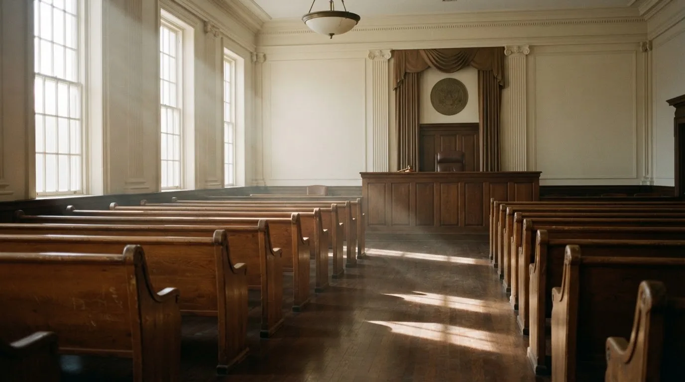 An empty courtroom with wooden benches in morning light