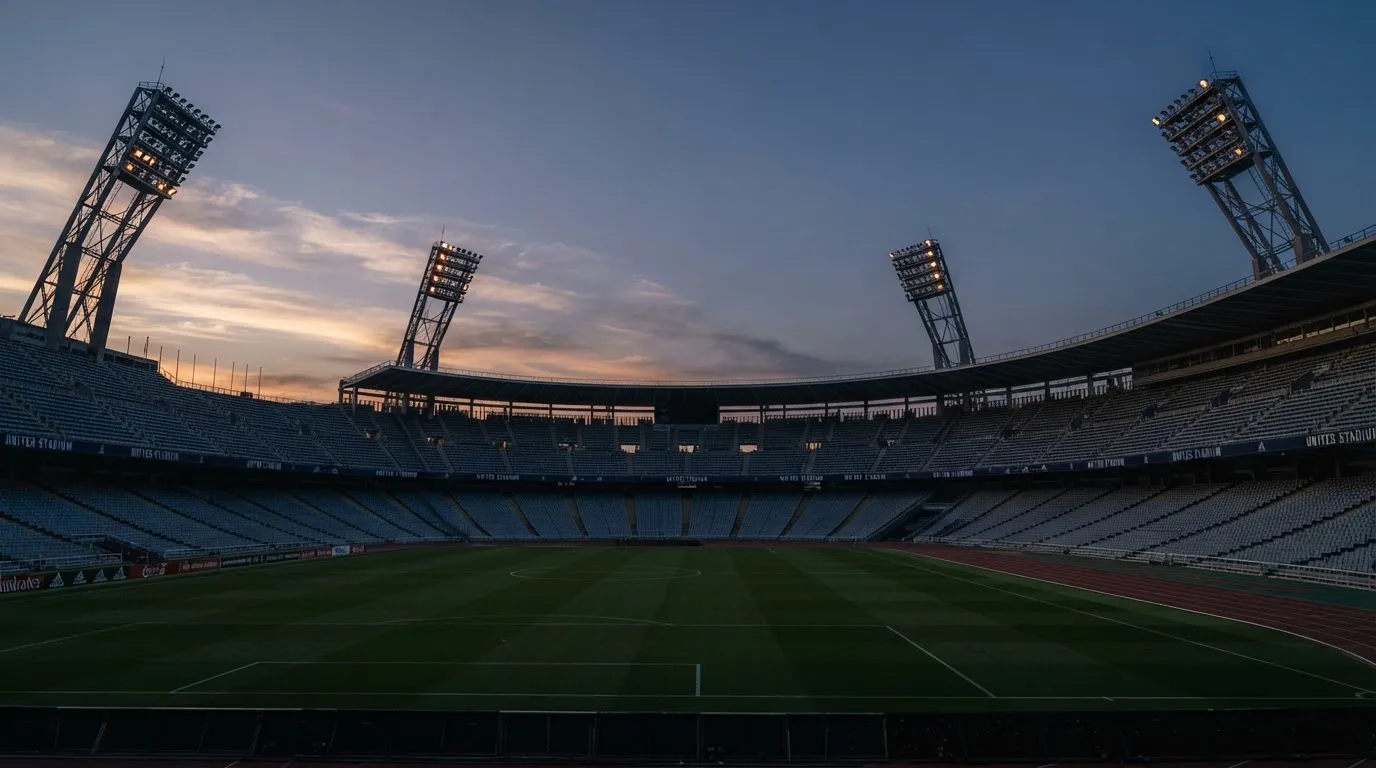 An empty football stadium with floodlight masts at dusk