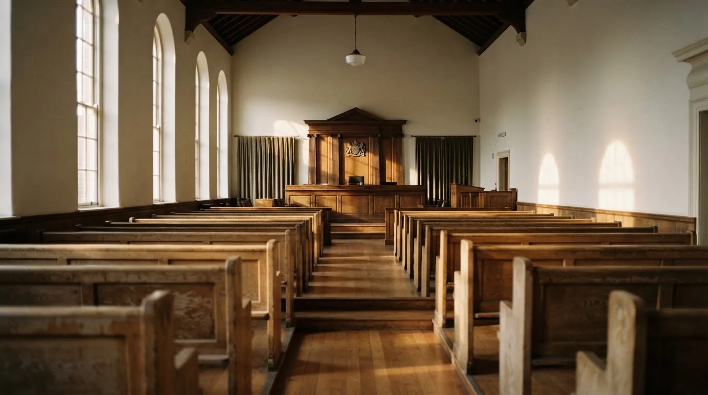 An empty courtroom with wooden benches in morning light