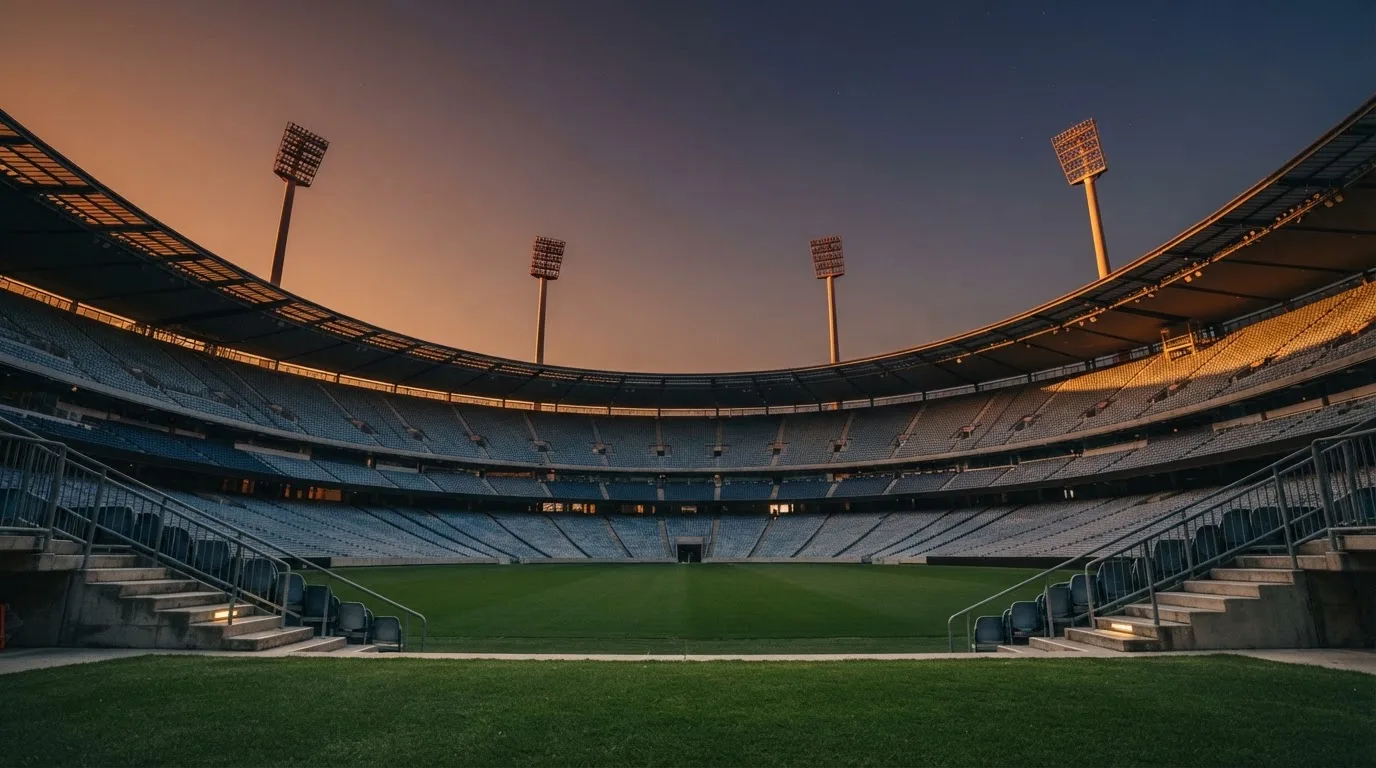 An empty football stadium with floodlight masts at dusk
