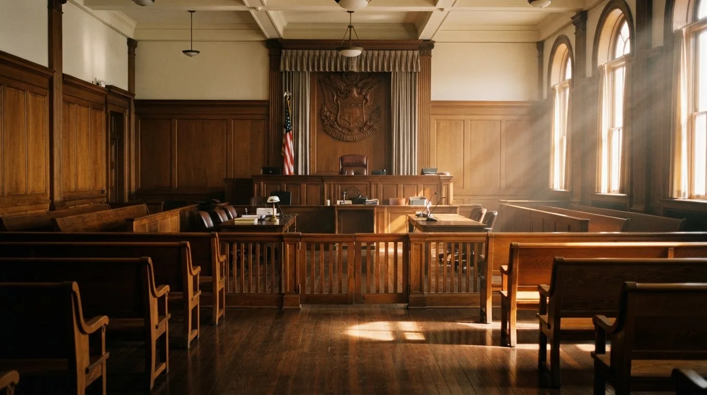 An empty courtroom with wooden benches in morning light