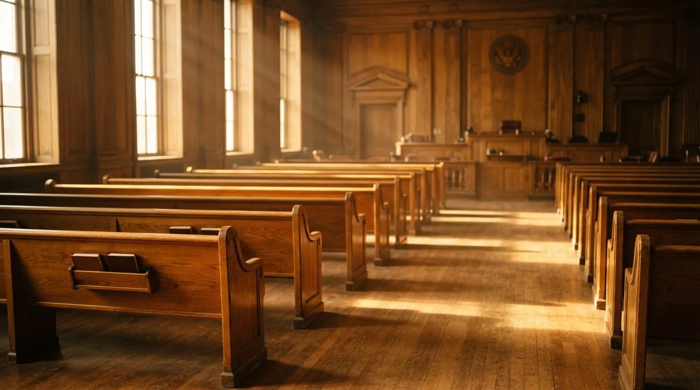 An empty courtroom with wooden benches in morning light