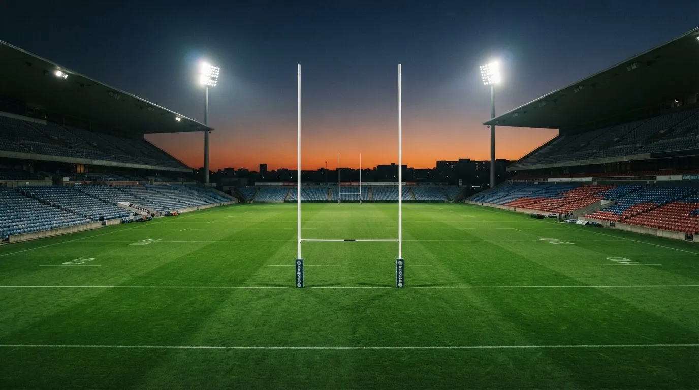 An empty football stadium with floodlight masts at dusk