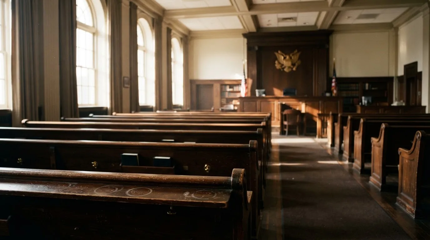 An empty courtroom with wooden benches in morning light