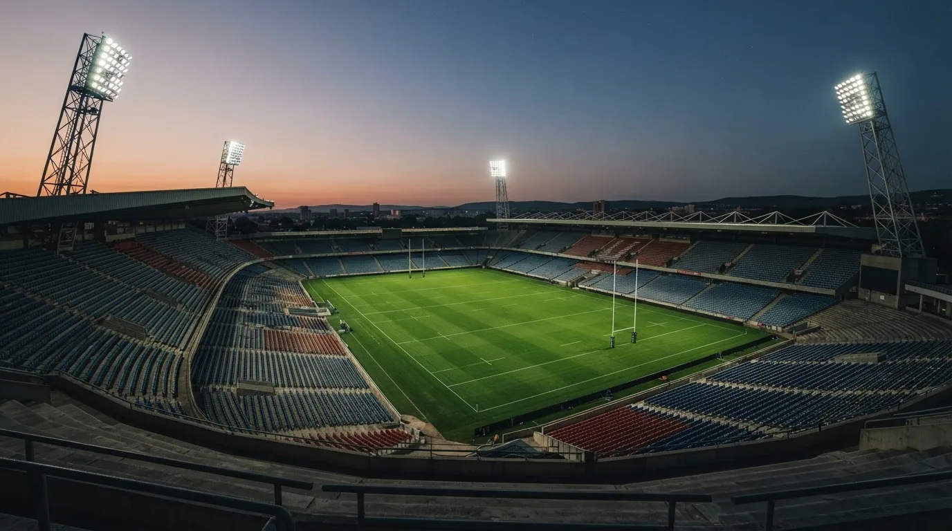 An empty football stadium with floodlight masts at dusk