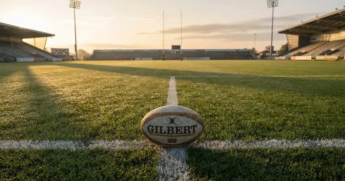 A ball on the centre spot of a grass pitch in morning light