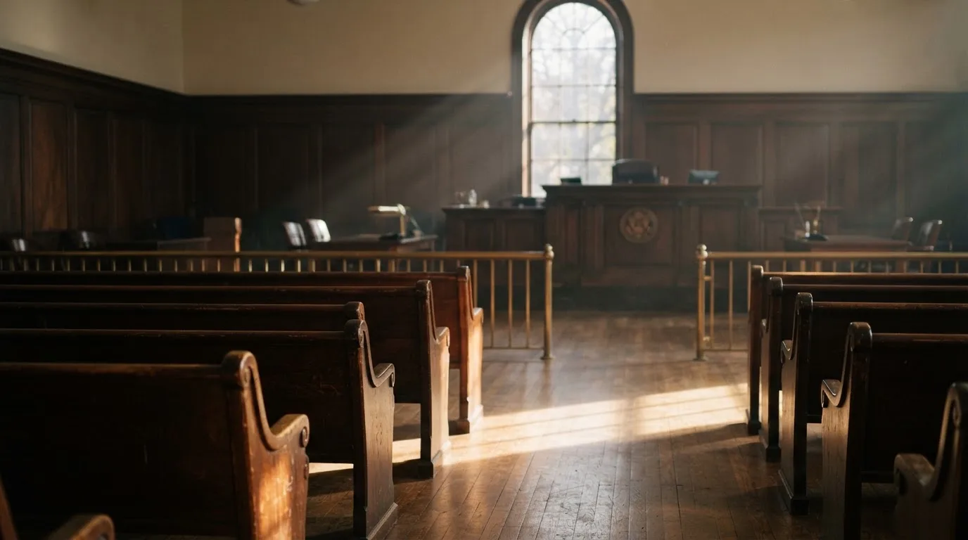 An empty courtroom with wooden benches in morning light