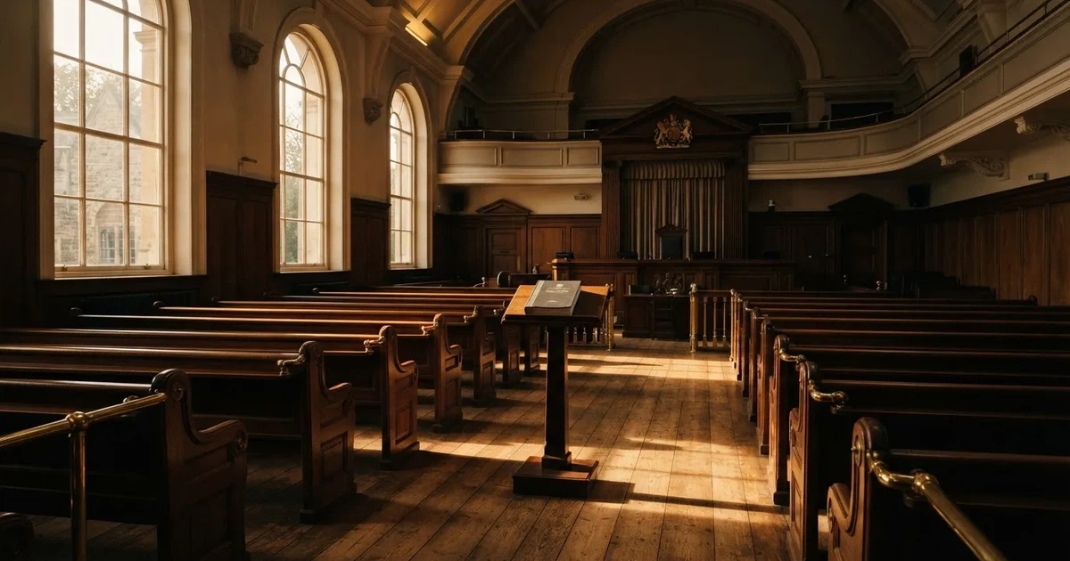 An empty courtroom with wooden benches in morning light