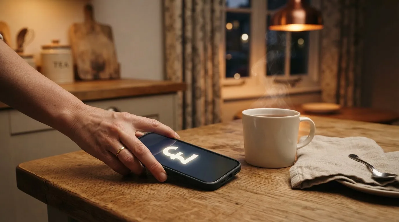 A hand setting a smartphone down beside a cup of tea on a kitchen table on a quiet evening