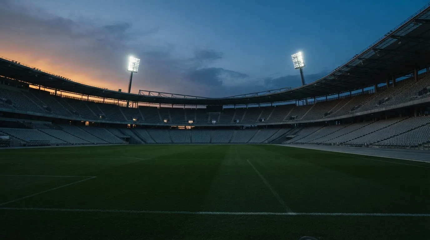An empty football stadium with floodlight masts at dusk