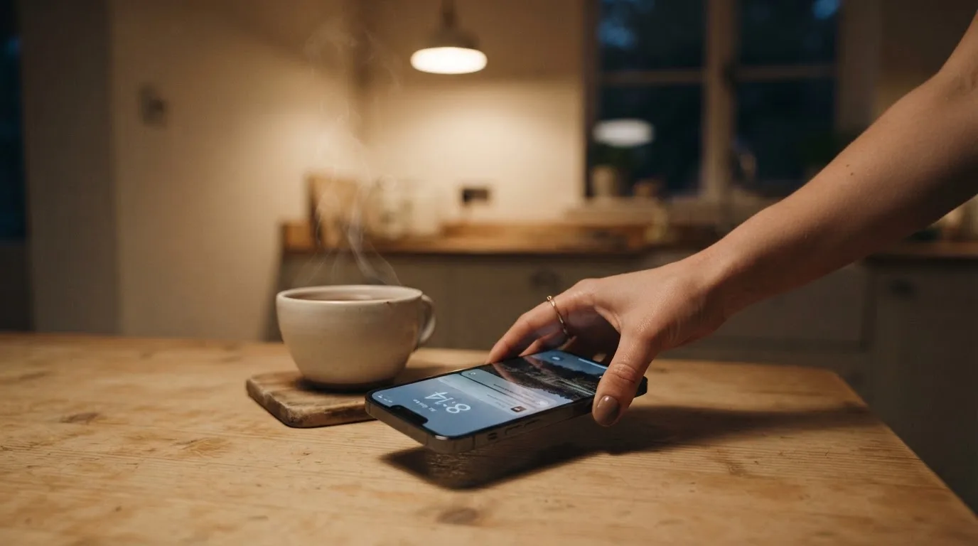 A hand setting a smartphone down beside a cup of tea on a kitchen table on a quiet evening